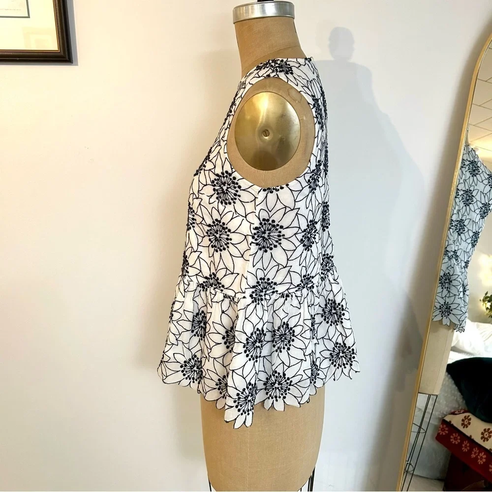 J Crew Women’s Black and White Floral Lace Cotton Peplum Blouse Sz S